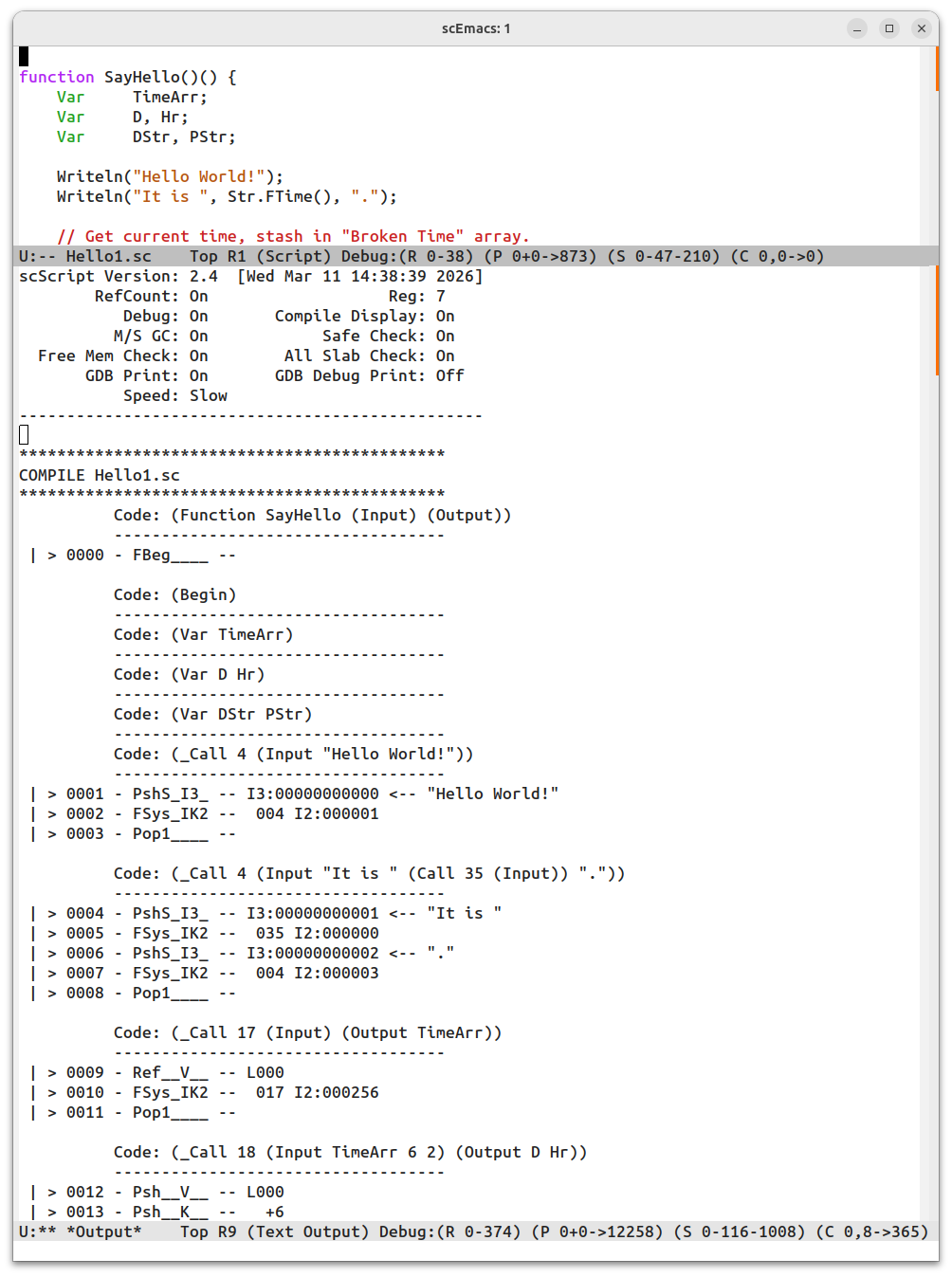 Output window of Hello1.sc, showing bytecodes.