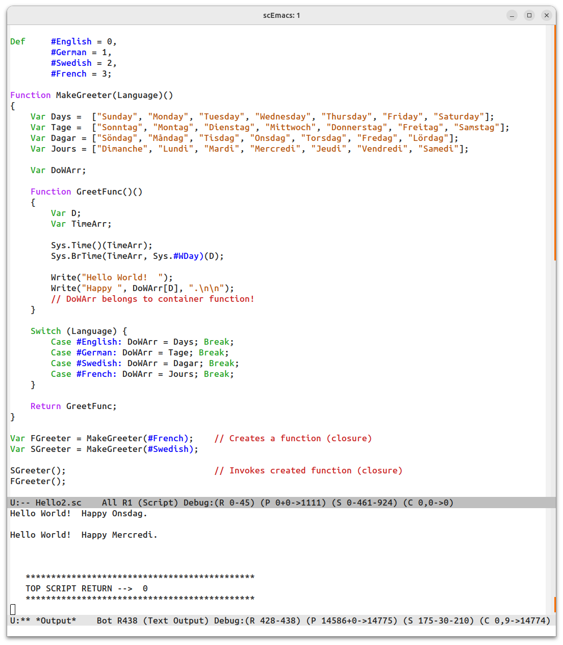 Hello2 showing nested functions and closures.